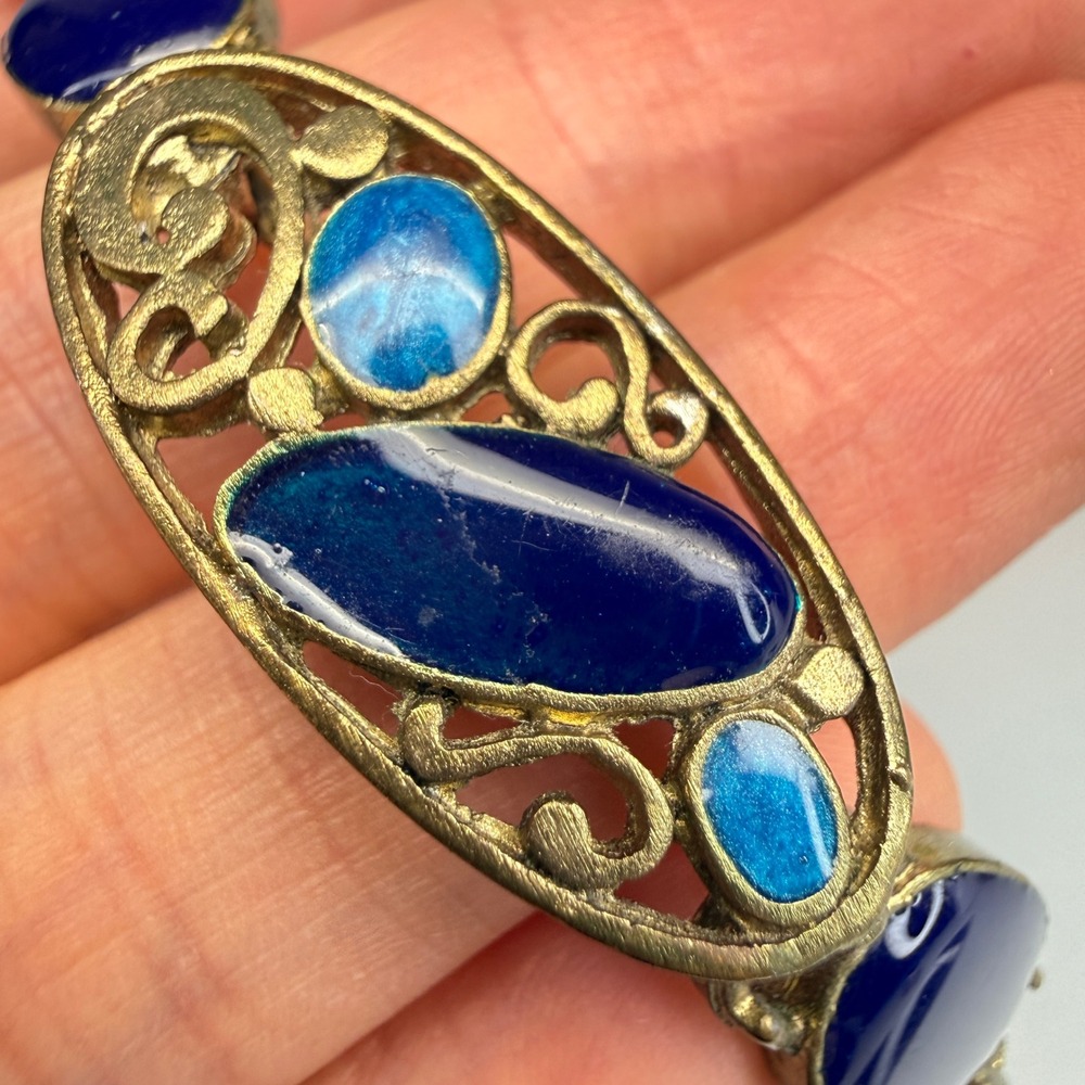 VTG Bracelet Gold Tone Blue Enamel Filigree Art Nouveau Egyptian Revival 6.5"